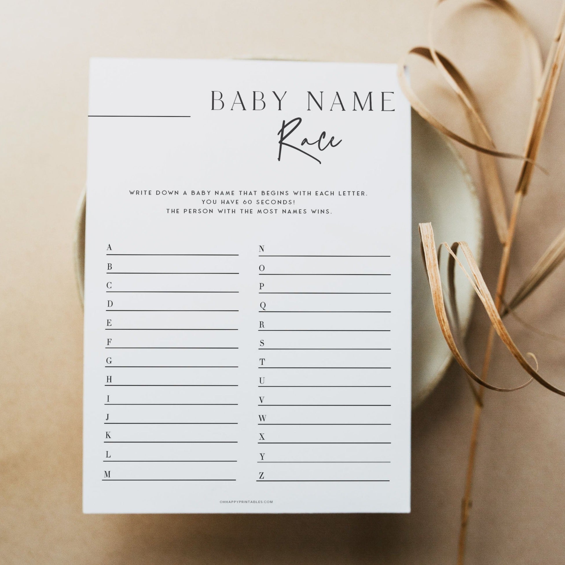 baby name race baby shower game, printable baby shower games, editable baby shower games, modern baby shower games, minimalist baby shower