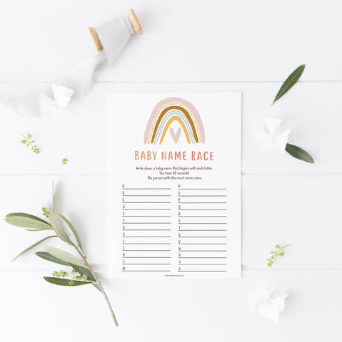 baby name race game, Printable baby shower games, boho rainbow baby games, baby shower games, fun baby shower ideas, top baby shower ideas, boho rainbow baby shower, baby shower games, fun boho rainbow baby shower ideas