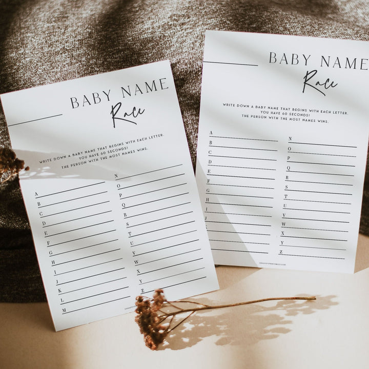 baby name race baby shower game, printable baby shower games, editable baby shower games, modern baby shower games, minimalist baby shower