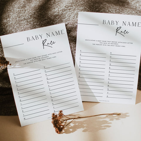 baby name race baby shower game, printable baby shower games, editable baby shower games, modern baby shower games, minimalist baby shower