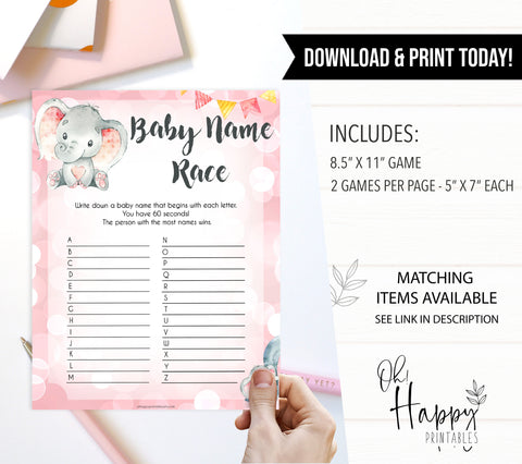 pink elephant baby games, baby name race baby shower games, printable baby shower games, baby shower games, fun baby games, popular baby games, pink baby games