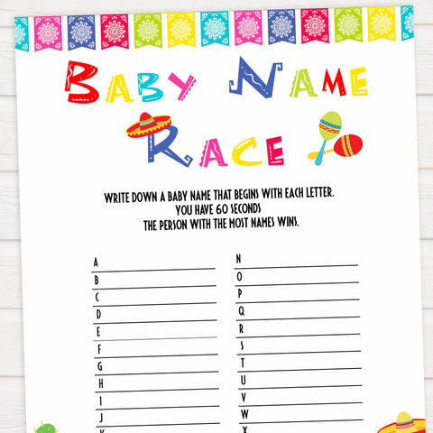 baby name race game, Printable baby shower games, Mexican fiesta fun baby games, baby shower games, fun baby shower ideas, top baby shower ideas, fiesta shower baby shower, fiesta baby shower ideas