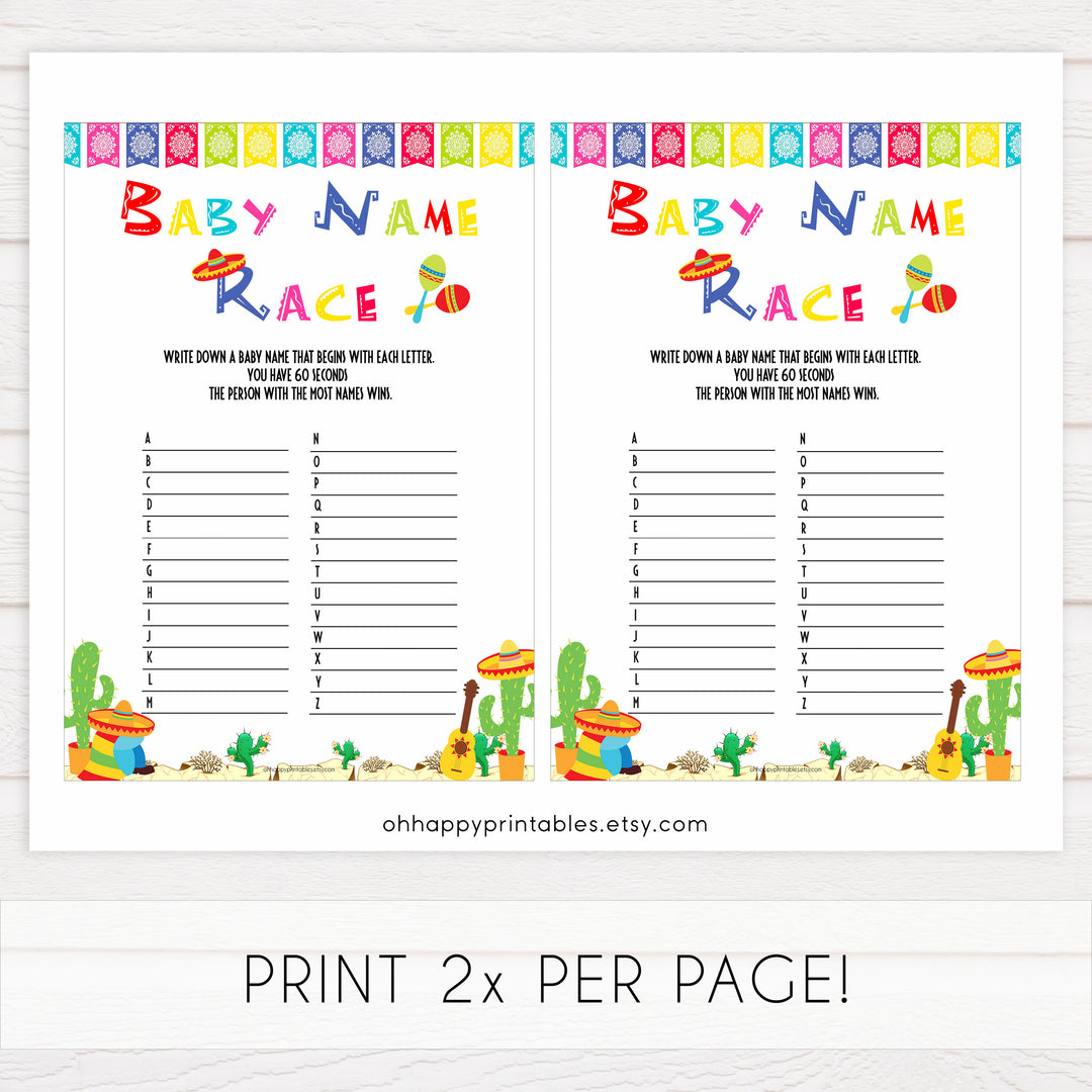 baby name race game, Printable baby shower games, Mexican fiesta fun baby games, baby shower games, fun baby shower ideas, top baby shower ideas, fiesta shower baby shower, fiesta baby shower ideas