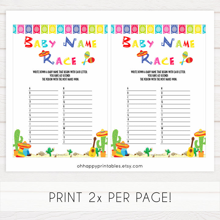 baby name race game, Printable baby shower games, Mexican fiesta fun baby games, baby shower games, fun baby shower ideas, top baby shower ideas, fiesta shower baby shower, fiesta baby shower ideas