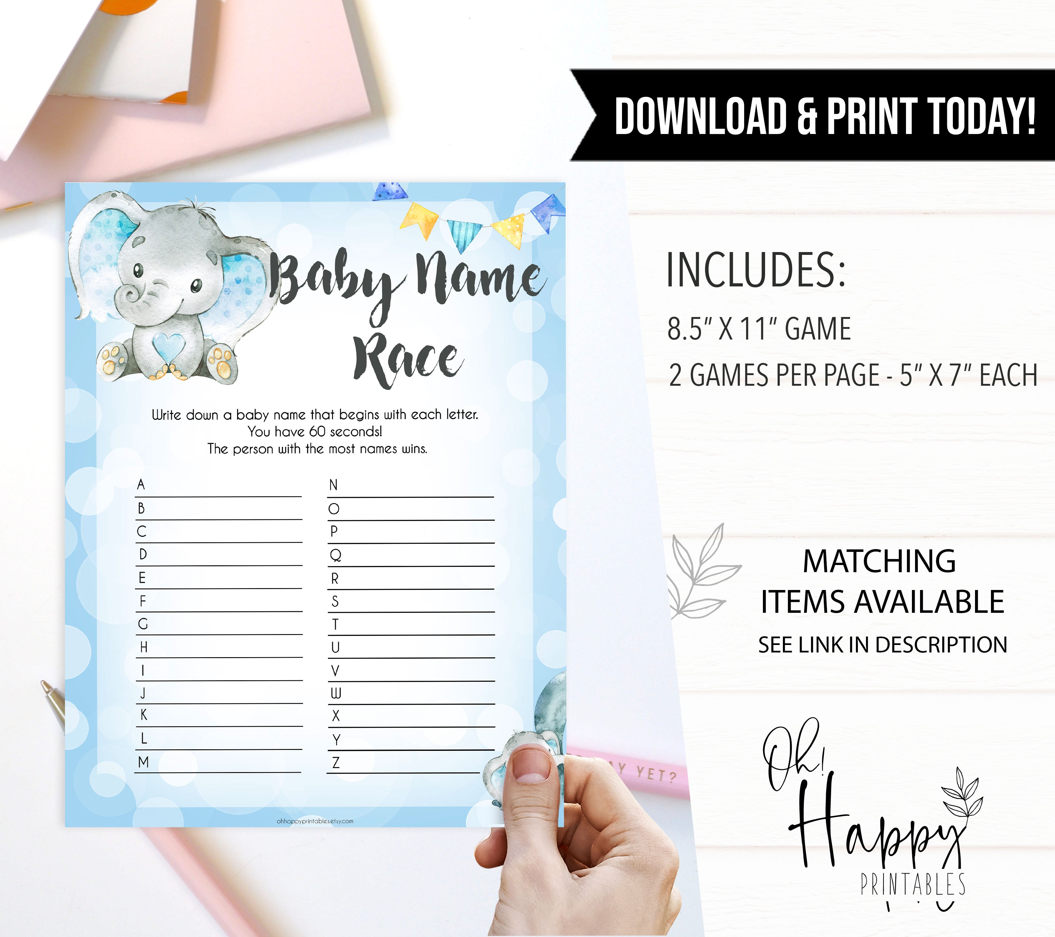Blue elephant baby games, baby name race, elephant baby games, printable baby games, top baby games, best baby shower games, baby shower ideas, fun baby games, elephant baby shower