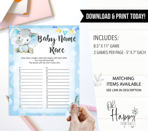 Blue elephant baby games, baby name race, elephant baby games, printable baby games, top baby games, best baby shower games, baby shower ideas, fun baby games, elephant baby shower
