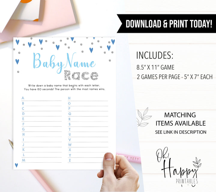  Baby Name Race Game, Printable baby shower games, small blue hearts fun baby games, baby shower games, fun baby shower ideas, top baby shower ideas, silver baby shower, blue hearts baby shower ideas