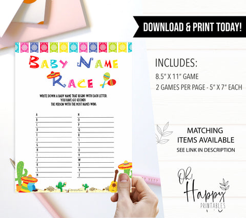 baby name race game, Printable baby shower games, Mexican fiesta fun baby games, baby shower games, fun baby shower ideas, top baby shower ideas, fiesta shower baby shower, fiesta baby shower ideas