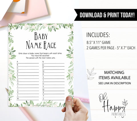 Baby Name Race Game, Green Leaf Baby Shower Games, Baby Names Game, Baby Names, Botanical Baby Shower Game, Green Leaf Baby Name Race, printable baby shower games, fun baby shower games, popular baby shower games