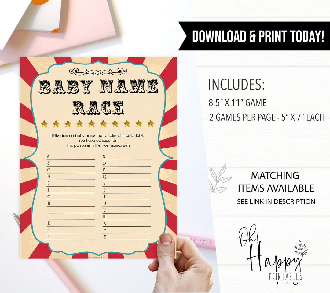 Circus baby baby name race baby shower games, circus baby games, carnival baby games, printable baby games, fun baby games, popular baby games, carnival baby shower, carnival theme