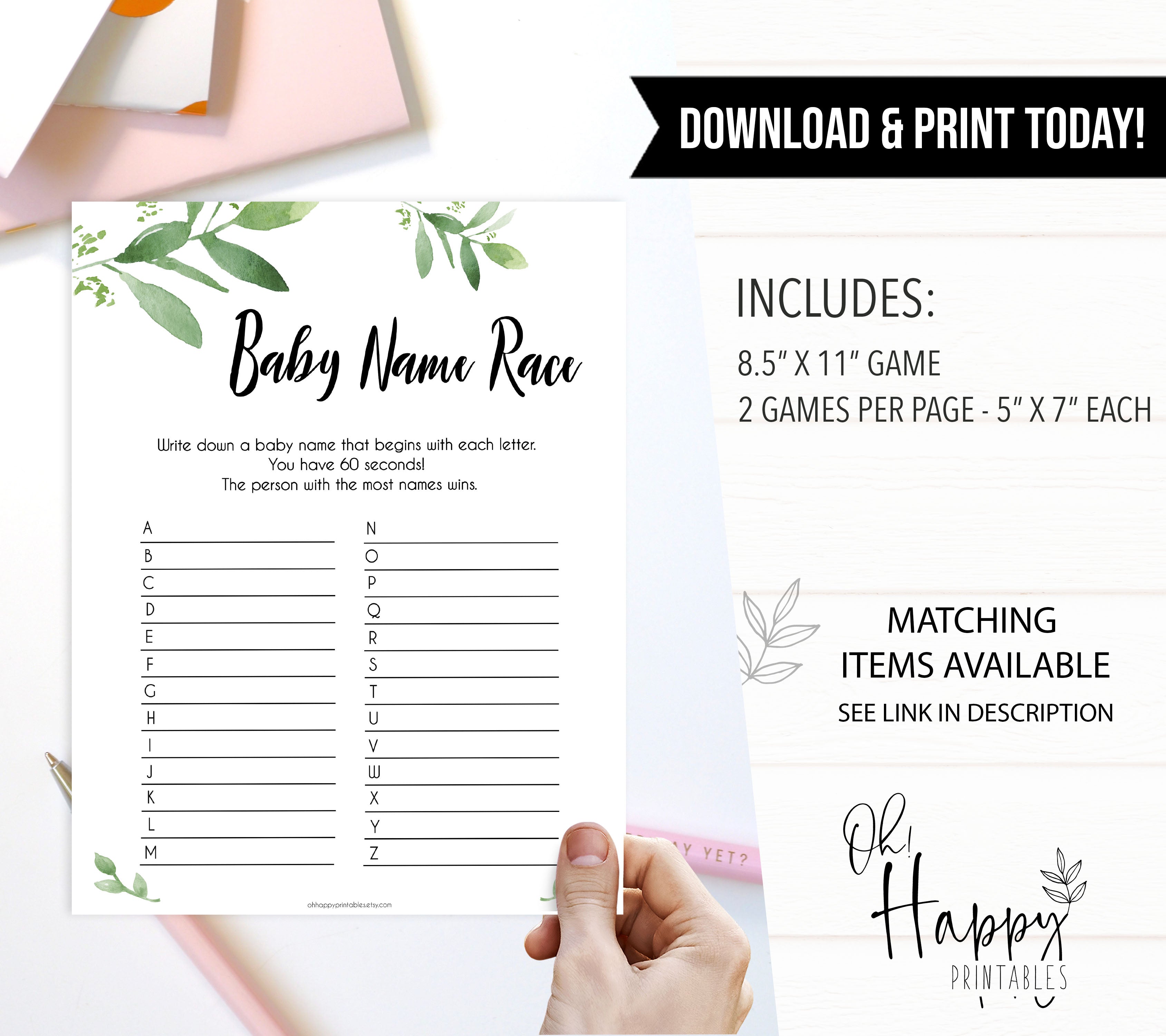 Botanical Baby Name Race Game, Greenery Baby Shower Games, Baby Names Game, Baby Names, Botanical Baby Shower Game, Baby Name Race, fun baby games, top baby games
