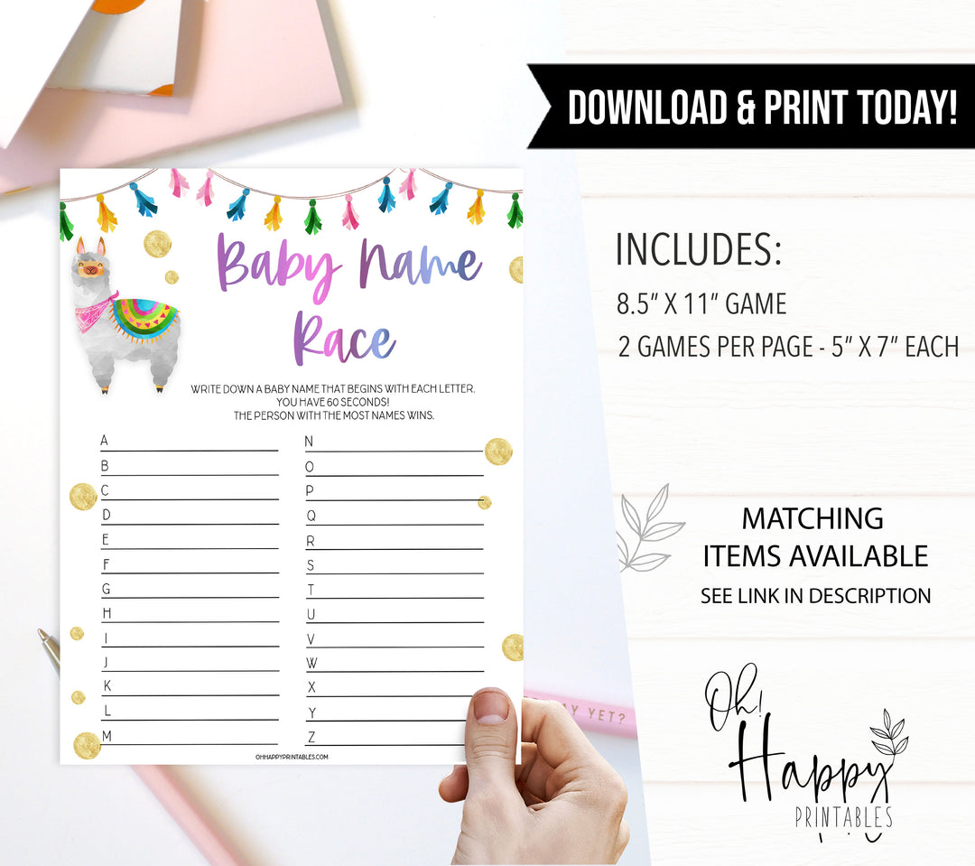 baby name race game, Printable baby shower games, llama fiesta fun baby games, baby shower games, fun baby shower ideas, top baby shower ideas, Llama fiesta shower baby shower, fiesta baby shower ideas