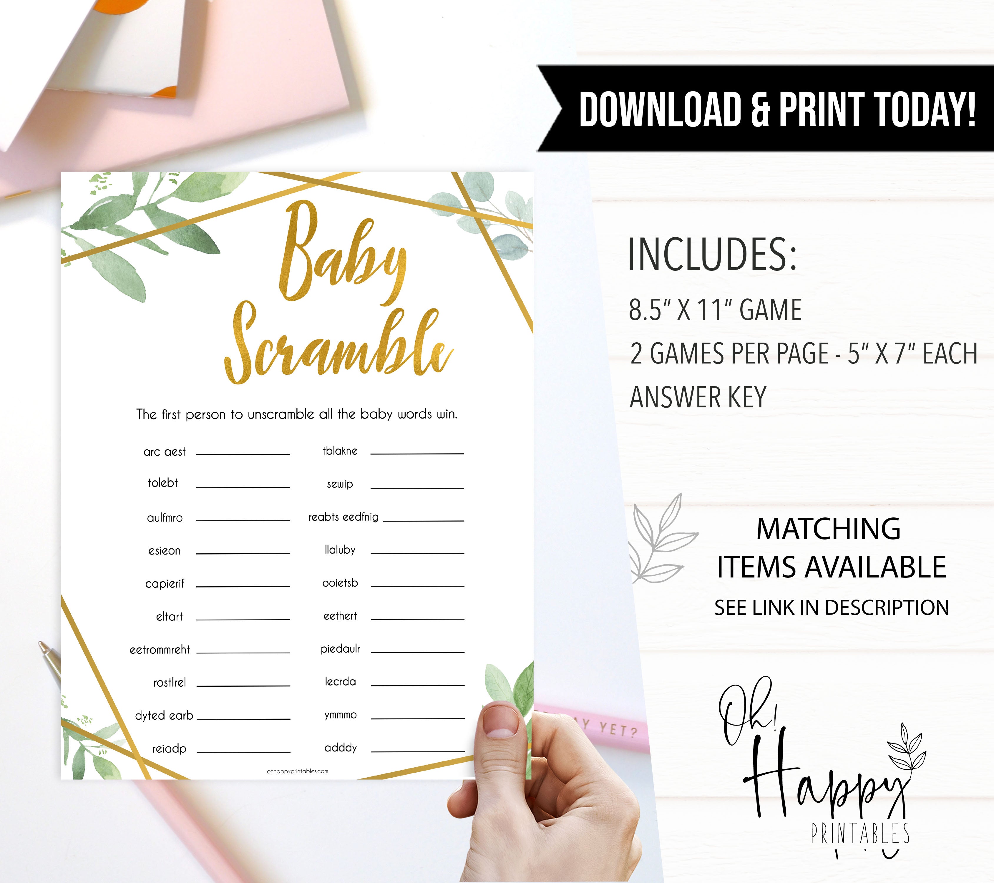 gold geometric baby word scramble baby shower games, printable baby shower games, fun baby games, popular baby games, gold baby games