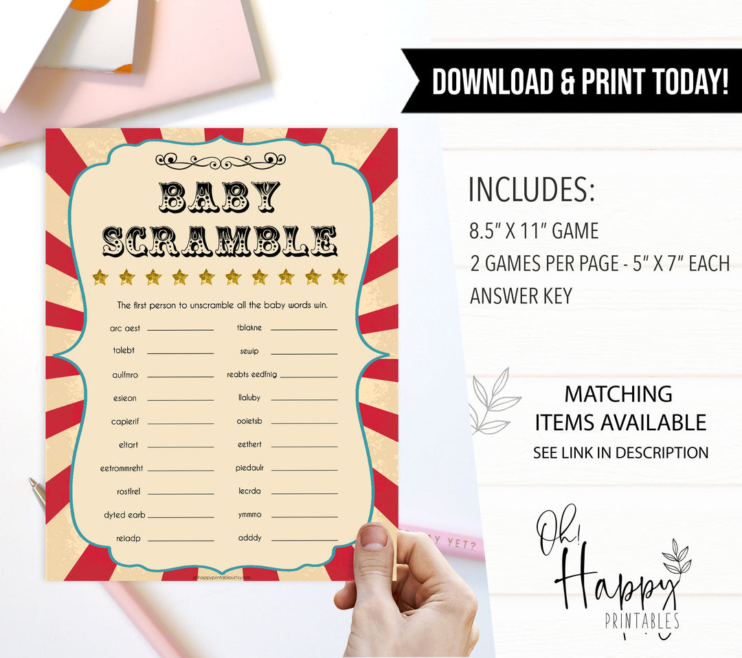 Circus baby shower scramble baby shower games, circus baby games, carnival baby games, printable baby games, fun baby games, popular baby games, carnival baby shower, carnival theme