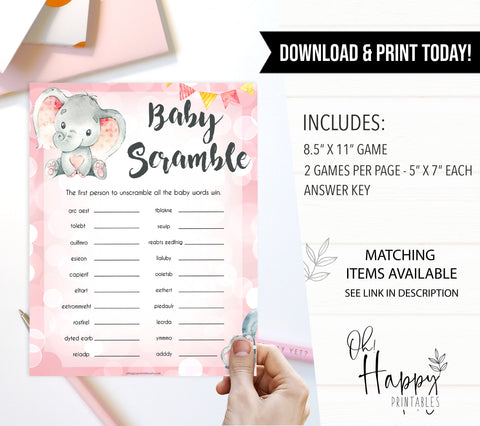 pink elephant baby games, baby shower scramble baby shower games, printable baby shower games, baby shower games, fun baby games, popular baby games, pink baby games