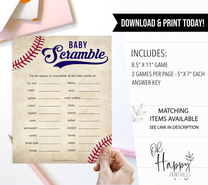 Baseball Baby Word Scramble Game, Baby Word Scramble, Baby Scattagories, Funny Baby Shower Games, Word Scramble, Baby Shower Party, printable baby shower games, fun baby shower games, popular baby shower games