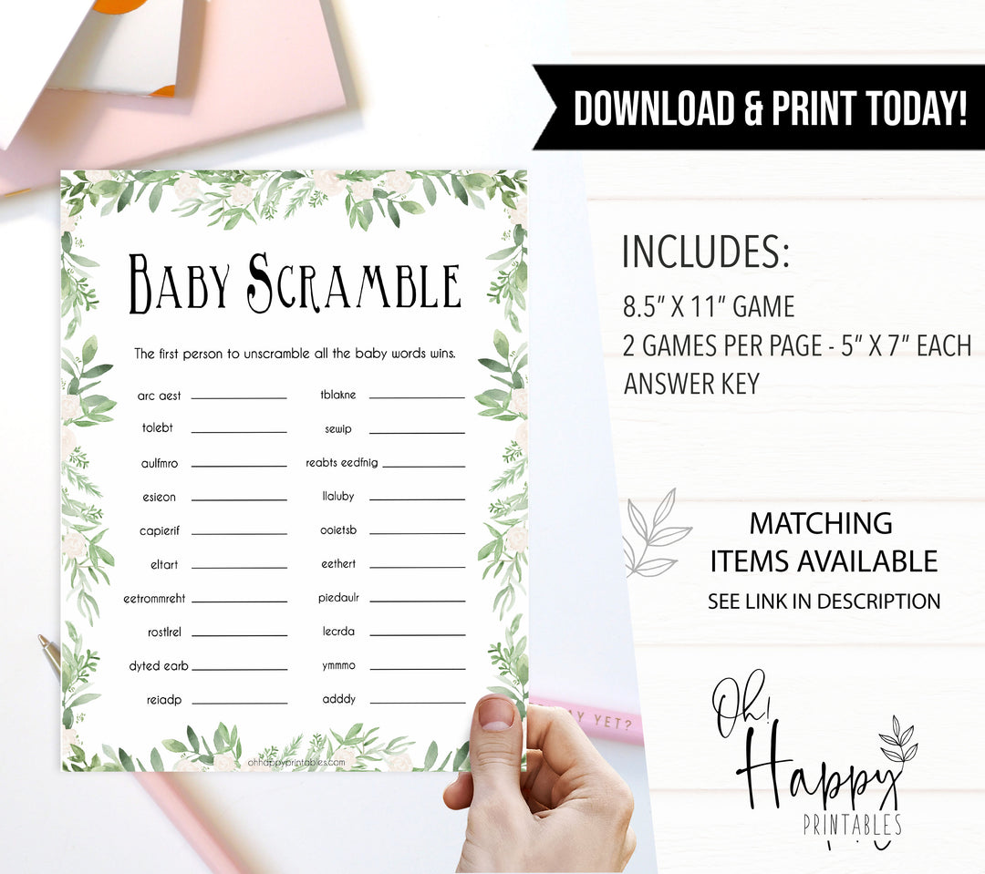 Green Leaf Baby Word Scramble Game, Baby Word Scramble, Baby Scattagories, Green Baby Shower, Word Scramble, Botanical Baby Shower, printable baby shower games, fun baby shower games, popular baby shower games