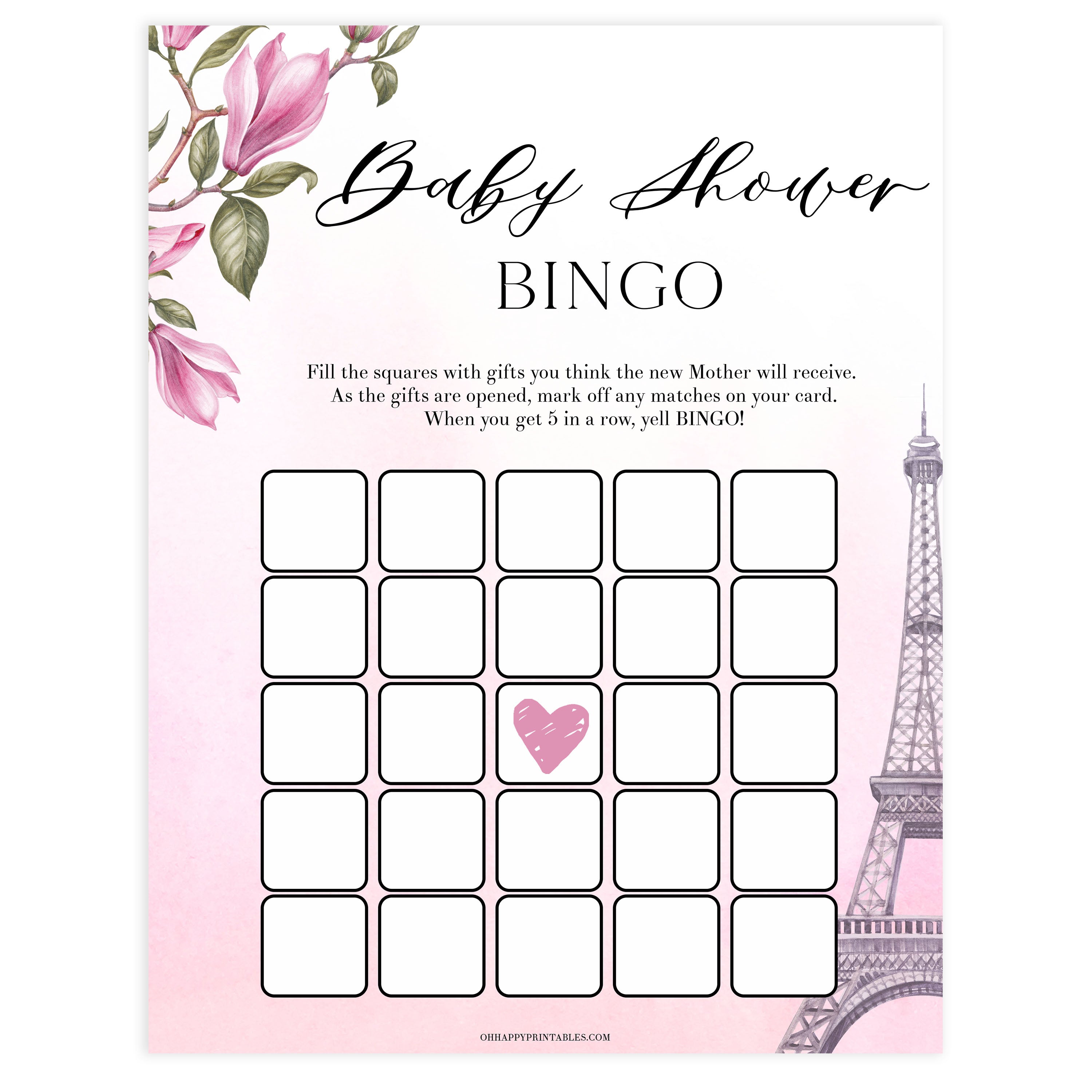 baby shower bingo game, Parisian baby shower games, printable baby shower games, Paris baby shower games, fun baby shower games