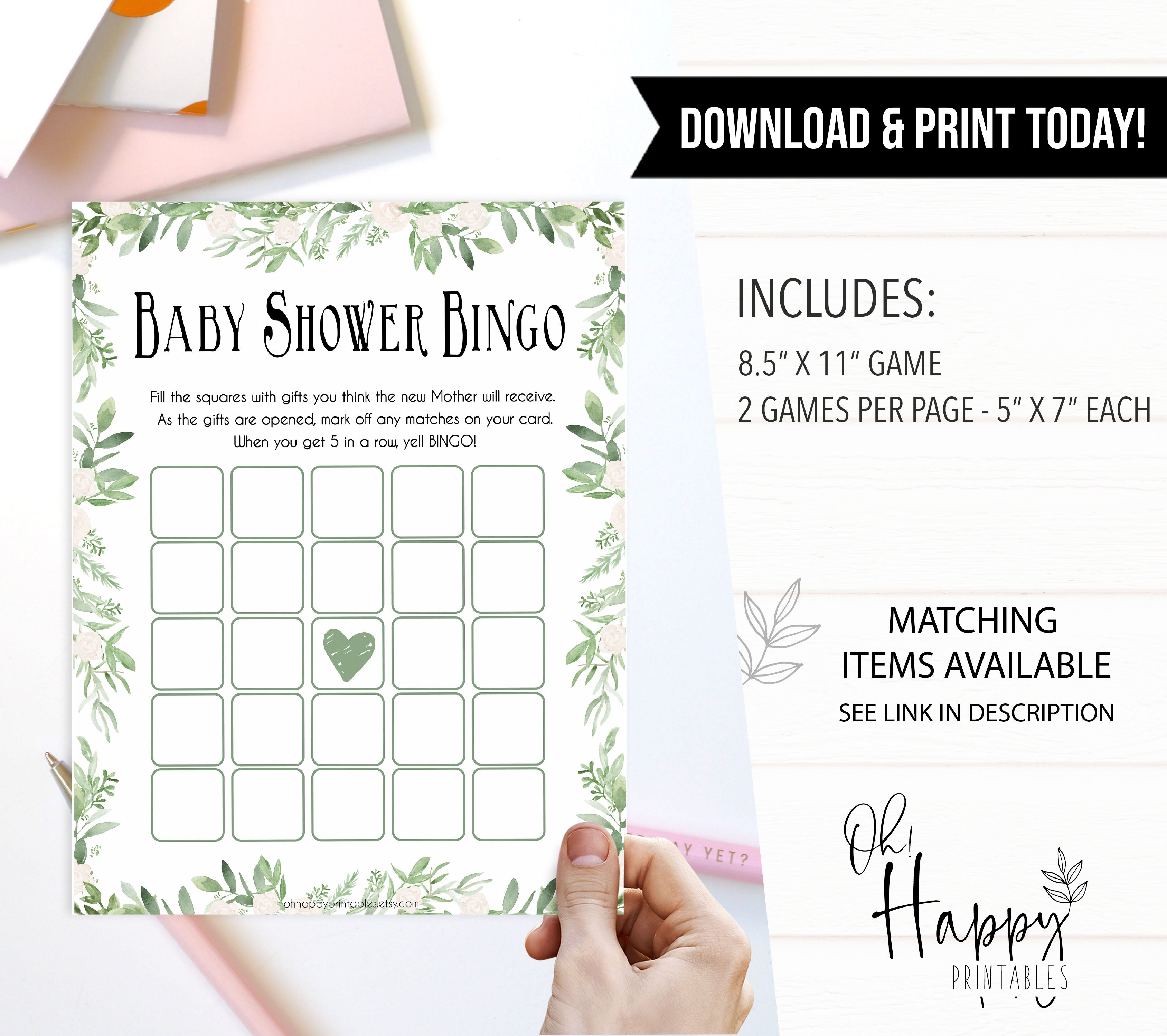 Baby Shower Bingo, Greenery Leaf, Gender Neutral Baby Shower Games, Baby Bingo Game, Green Baby Shower, Botanical Baby Shower Games, printable baby shower games, fun baby shower games, popular baby shower games