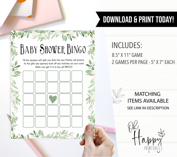 Baby Shower Bingo, Greenery Leaf, Gender Neutral Baby Shower Games, Baby Bingo Game, Green Baby Shower, Botanical Baby Shower Games, printable baby shower games, fun baby shower games, popular baby shower games