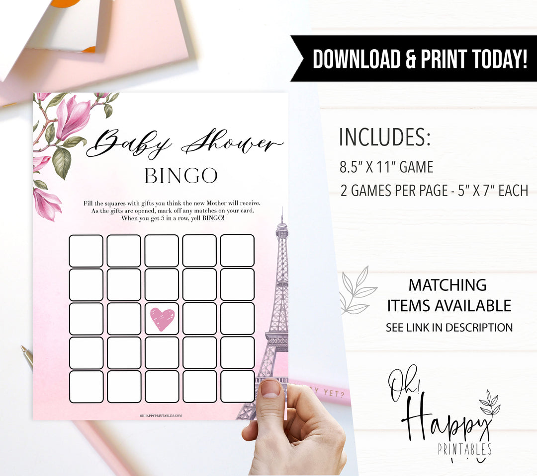 baby shower bingo game, Parisian baby shower games, printable baby shower games, Paris baby shower games, fun baby shower games