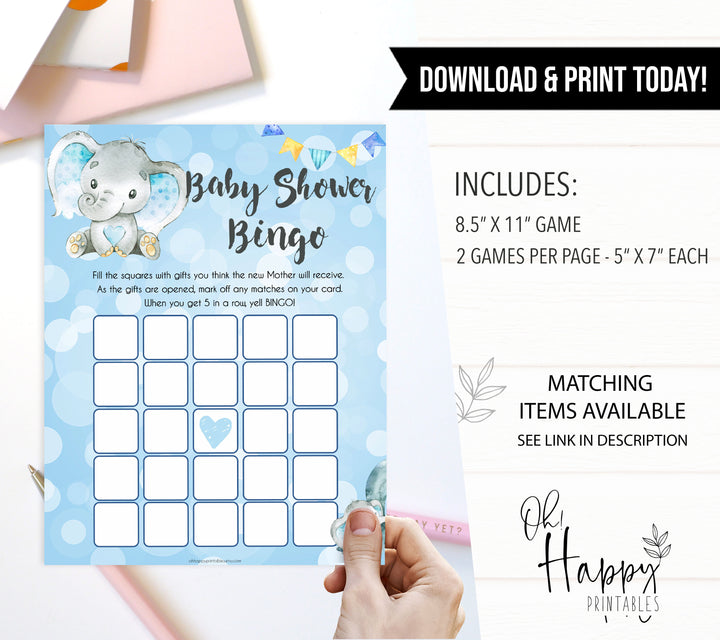 Blue elephant baby games, baby bingo, elephant baby games, printable baby games, top baby games, best baby shower games, baby shower ideas, fun baby games, elephant baby shower