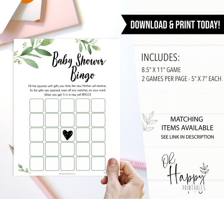 Botanical Baby Shower Bingo, Greenery Gender Neutral Baby Shower Games, Baby Bingo Game, Green Baby Shower, Botanical Baby Shower Games, best baby shower games, funny abby games, top baby games