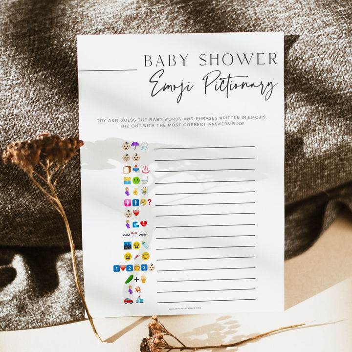baby shower emoji pictionary baby shower game, printable baby shower games, editable baby shower games, modern baby shower games, minimalist baby shower