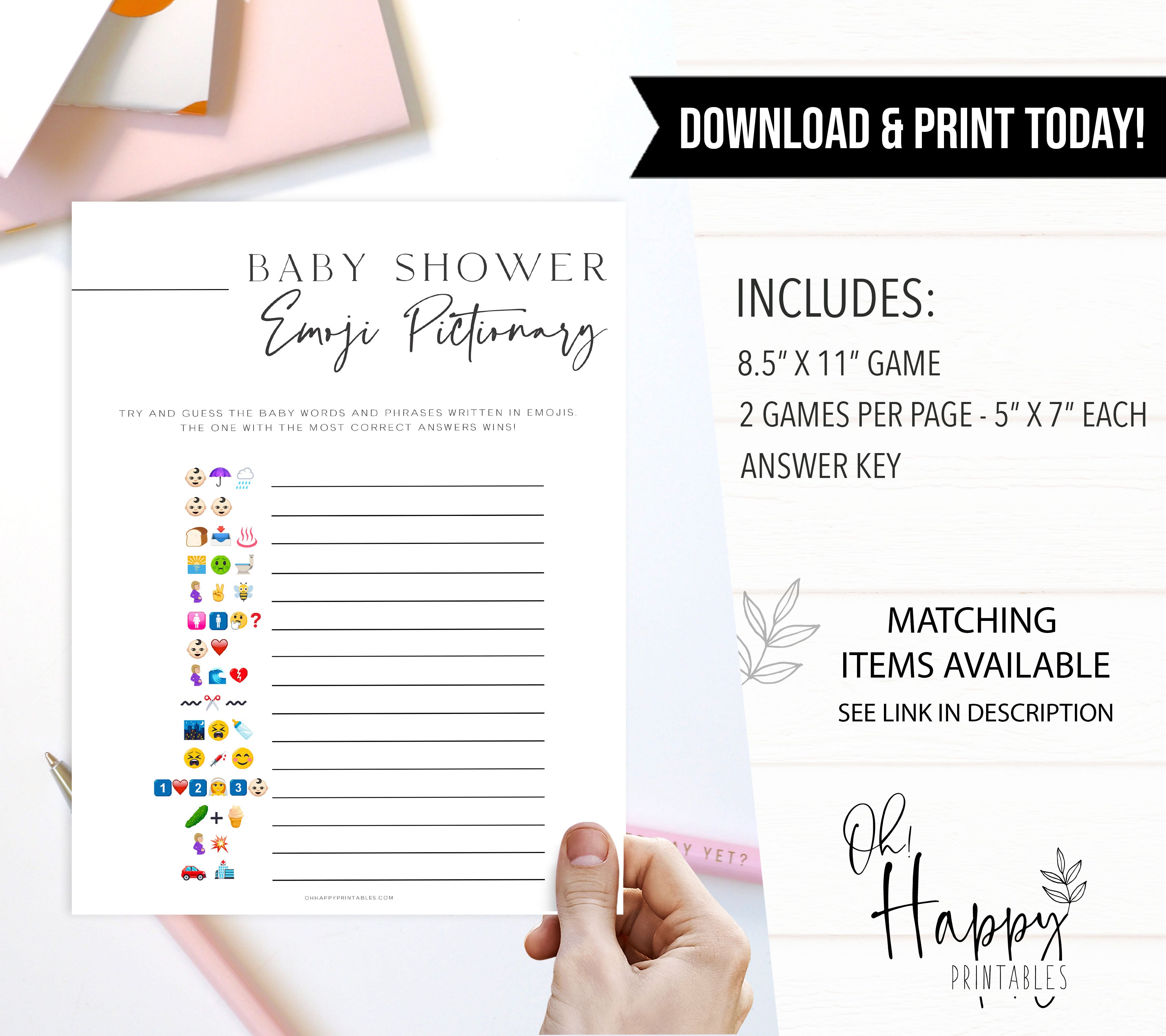 baby shower emoji pictionary baby shower game, printable baby shower games, editable baby shower games, modern baby shower games, minimalist baby shower