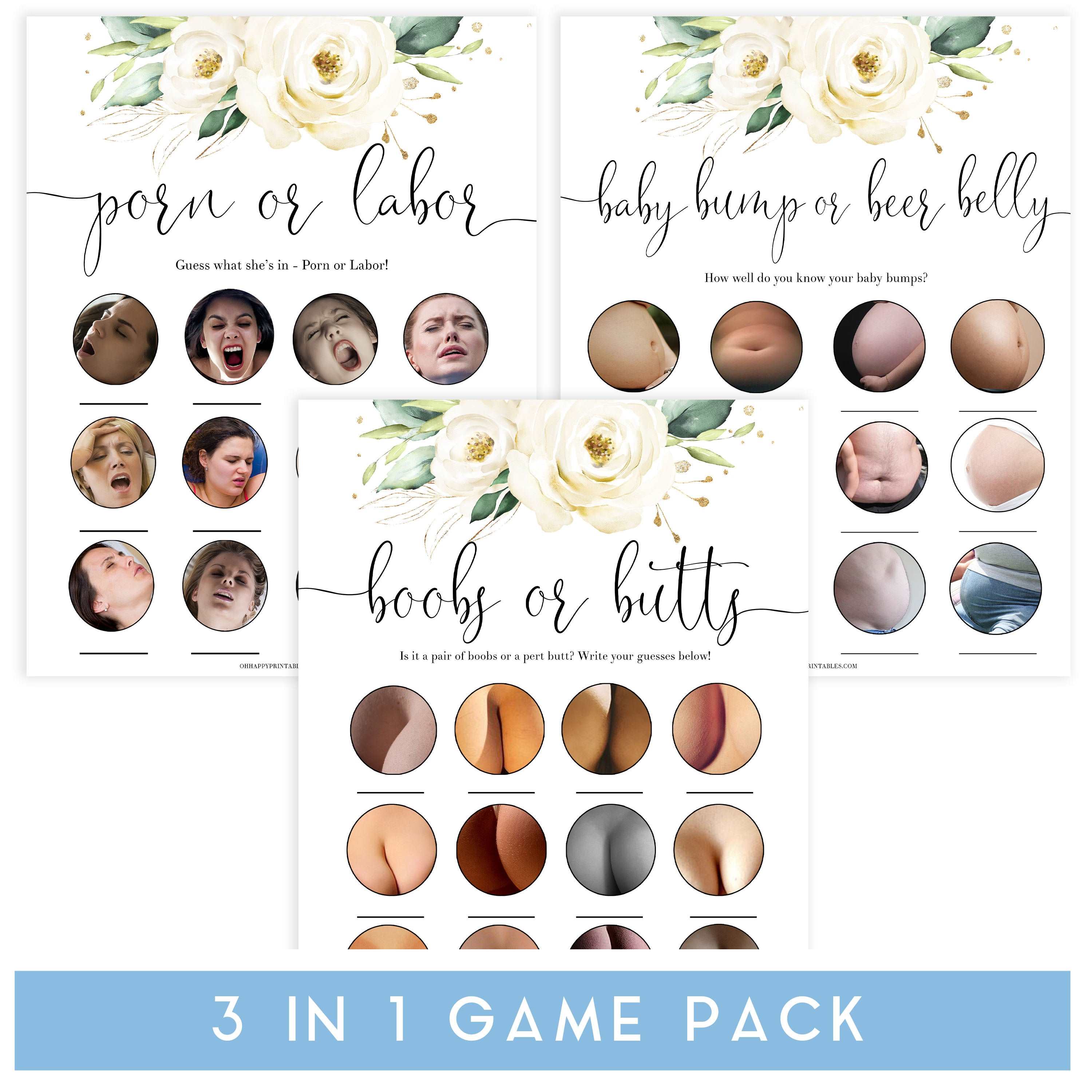 porn or labor game, baby bump or beer belly, boobs or butts game, Printable baby shower games, shite floral baby games, baby shower games, fun baby shower ideas, top baby shower ideas, floral baby shower, baby shower games, fun floral baby shower ideas