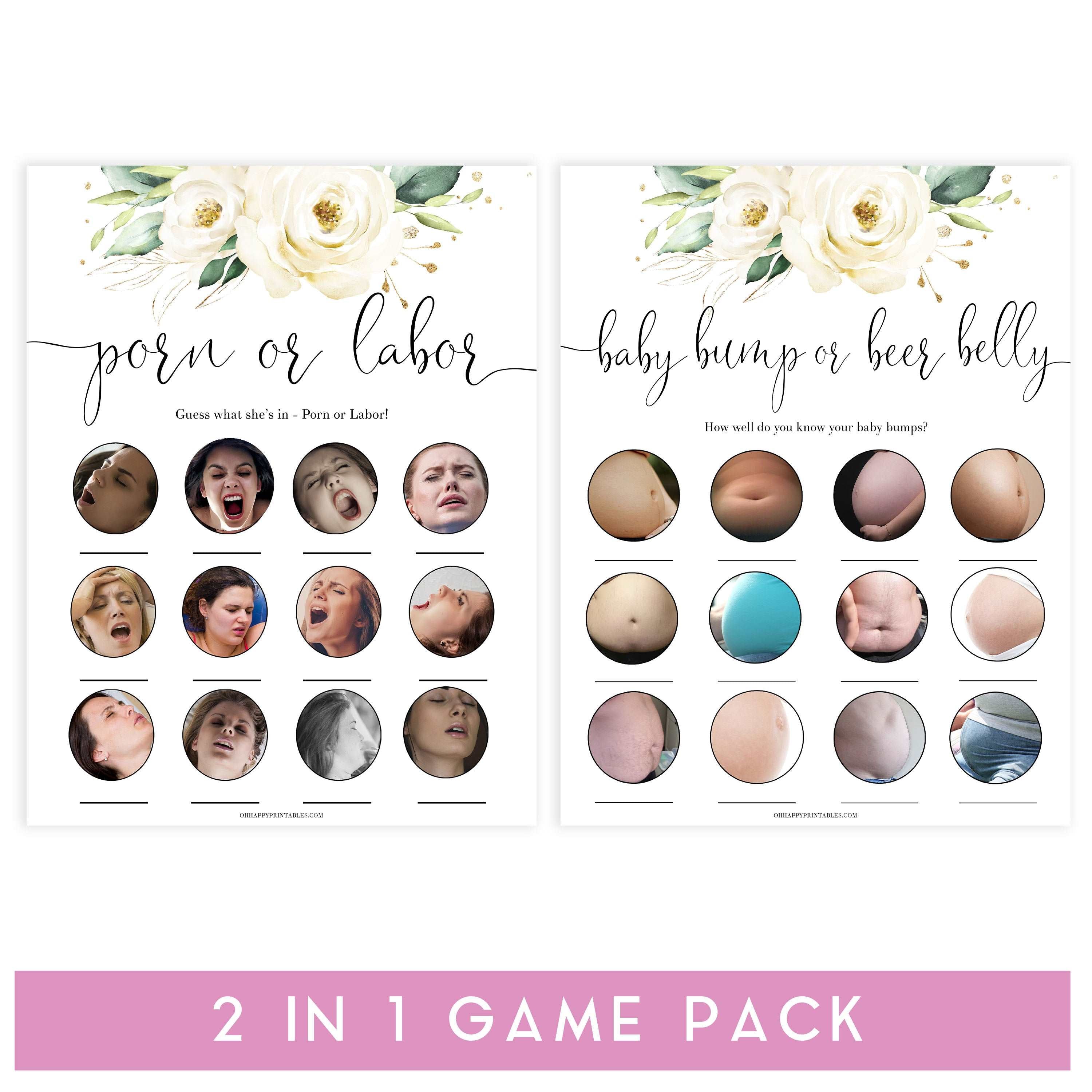 porn or labor, baby bump or beer belly game, Printable baby shower games, shite floral baby games, baby shower games, fun baby shower ideas, top baby shower ideas, floral baby shower, baby shower games, fun floral baby shower ideas
