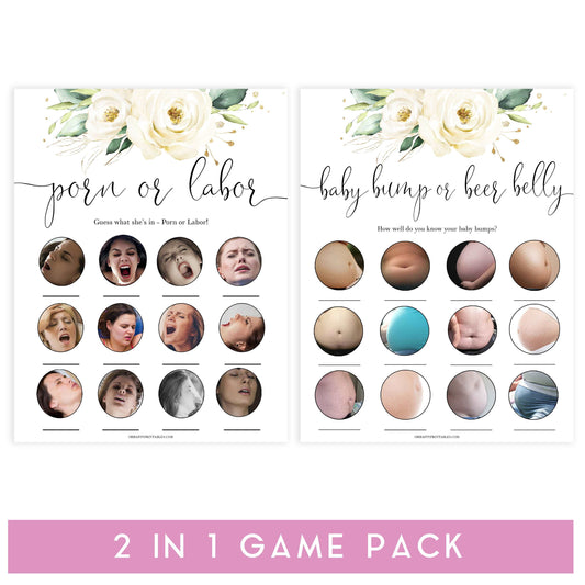 porn or labor, baby bump or beer belly game, Printable baby shower games, shite floral baby games, baby shower games, fun baby shower ideas, top baby shower ideas, floral baby shower, baby shower games, fun floral baby shower ideas