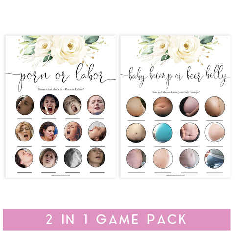 porn or labor, baby bump or beer belly game, Printable baby shower games, shite floral baby games, baby shower games, fun baby shower ideas, top baby shower ideas, floral baby shower, baby shower games, fun floral baby shower ideas