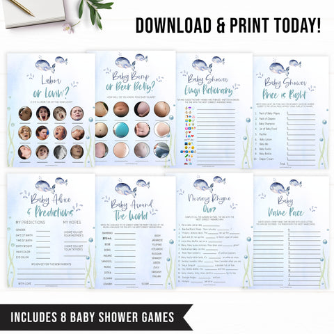 baby shower games bundle, 8 baby games, Printable baby shower games, whale baby games, baby shower games, fun baby shower ideas, top baby shower ideas, whale baby shower, baby shower games, fun whale baby shower ideas