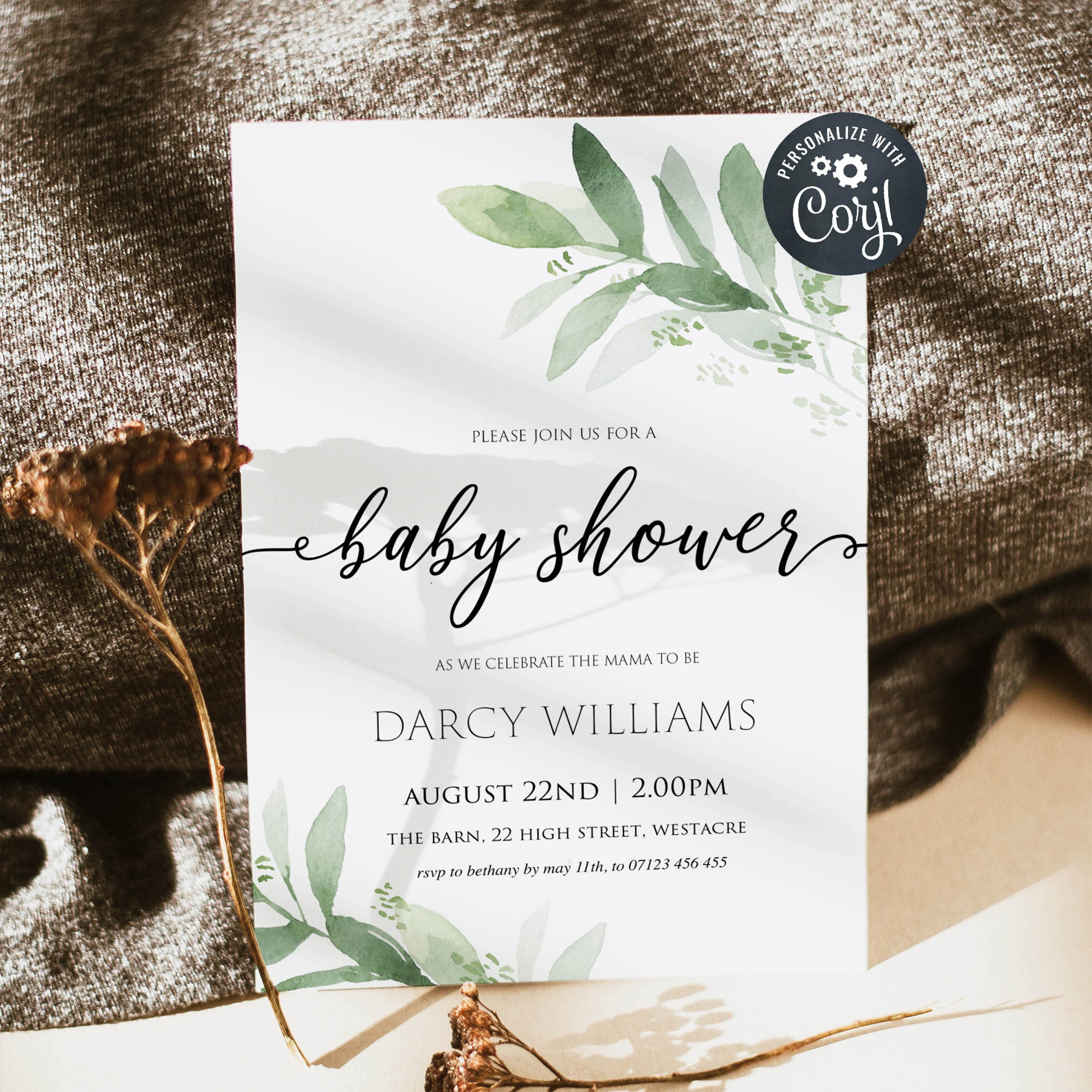 editable baby shower invitations, botanical baby shower invitations, printable baby shower invitations, baby shower invite