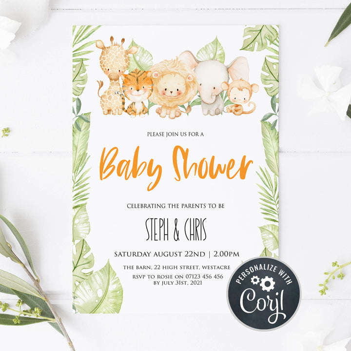 safari animals baby invitations, editable baby shower invitations, printable baby shower invitations, safari baby invites