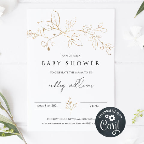 gold leaf baby shower theme, editable baby shower invitations, printable baby shower invitations, gold baby shower invites, gold baby shower mobile invites