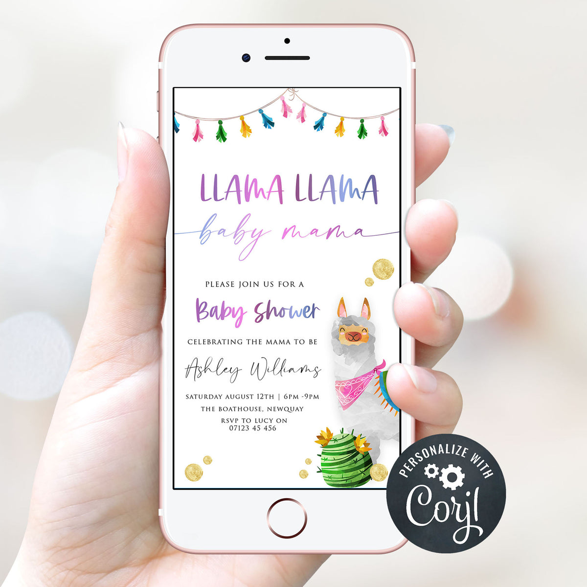 editable llama fiesta baby shower invitations, printable baby shower invitations, llama baby shower theme, llama baby shower invites