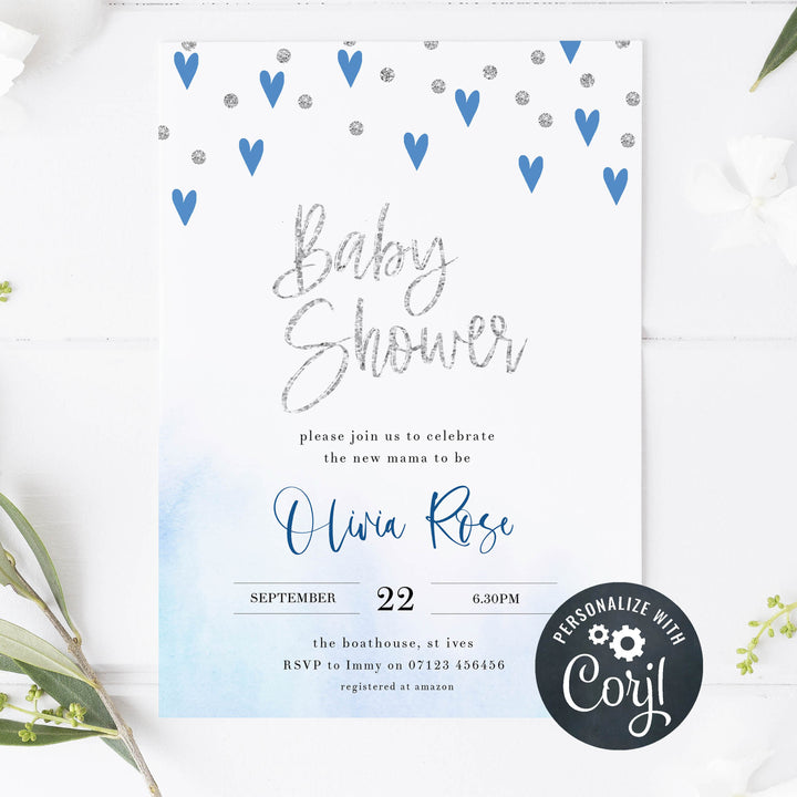 blue hearts baby shower, printable baby shower invitations, editable baby shower invitations, blue hearts baby ideas, boys baby shower invitations