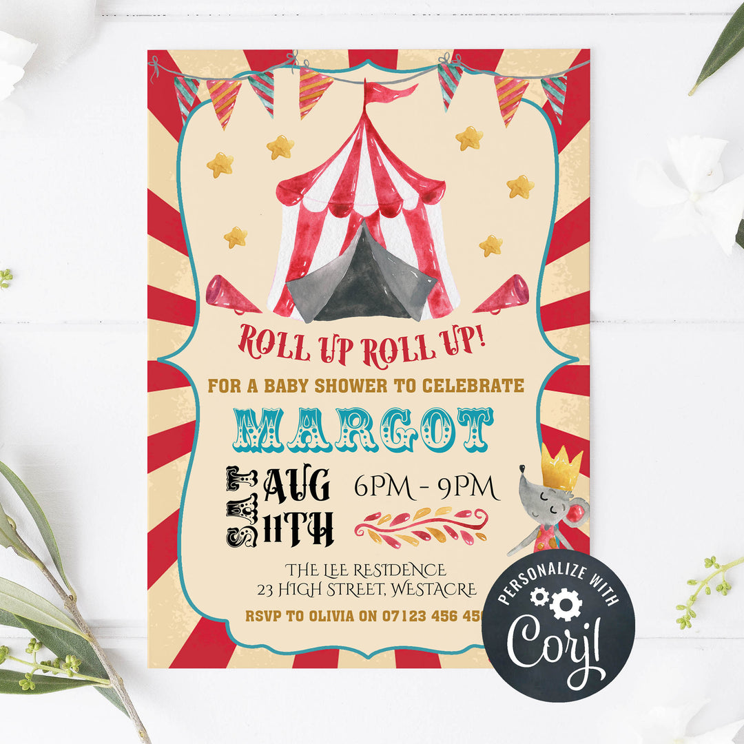 circus baby shower invitations, editable baby shower invitations, printable baby shower invitations, carnival baby shower invitations, fun baby shower invites