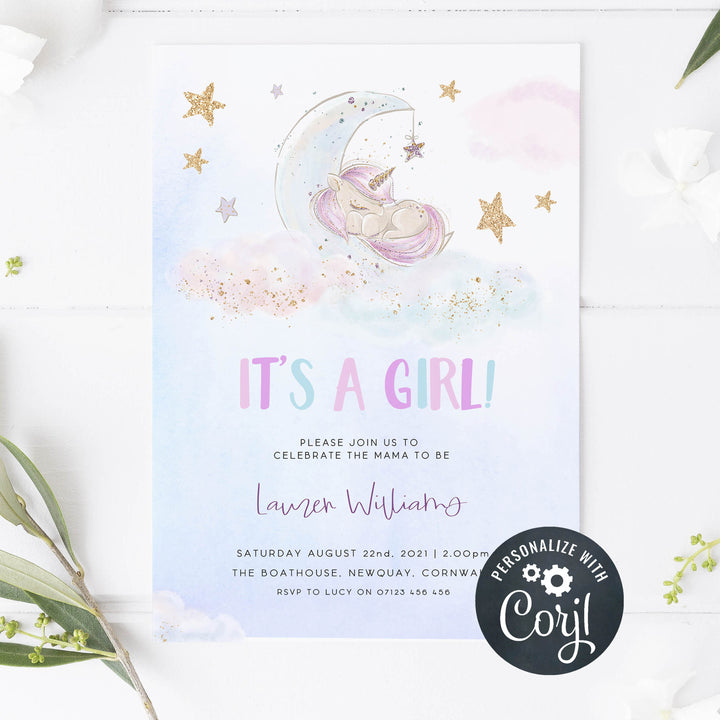 editable unicorn baby shower invitations, unicorn its a girl baby shower invitation, printable unicorn baby shower invitations, unicorn baby shower theme