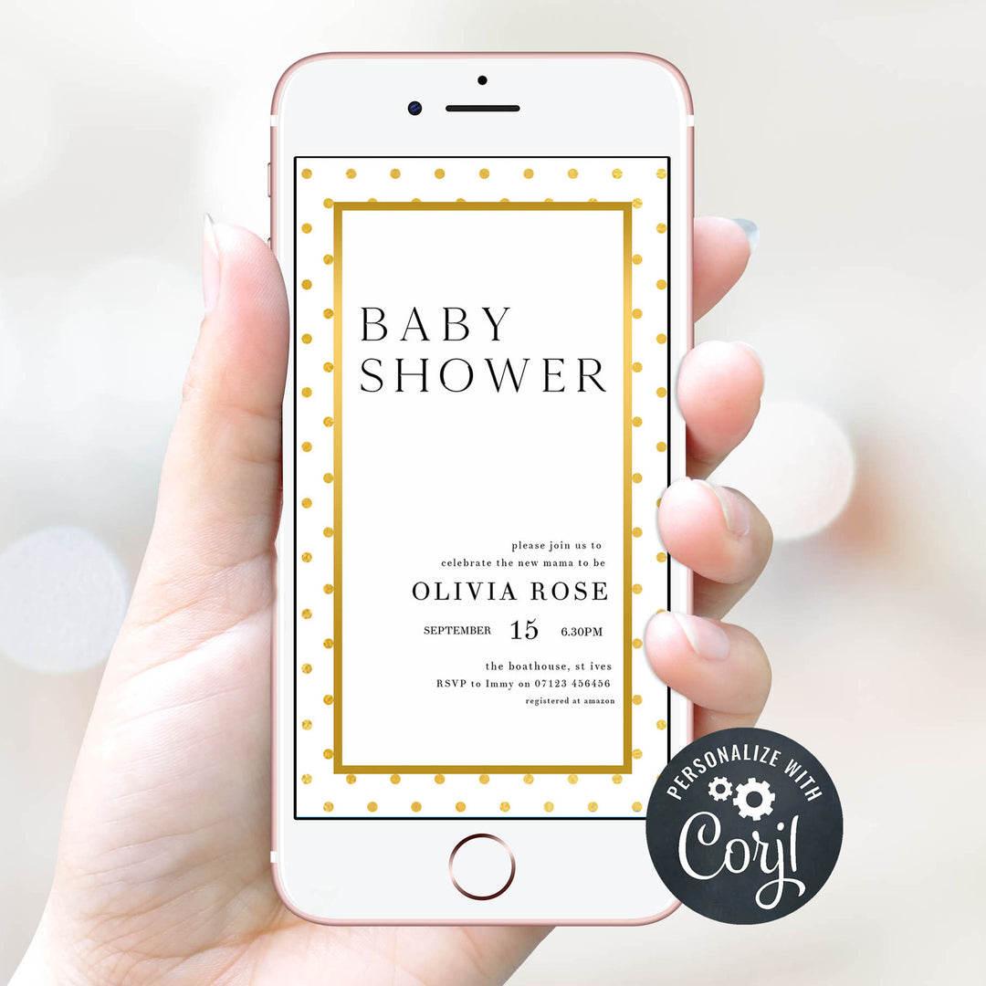 gold baby shower theme, printable baby shower invitations, editable baby shower invitations, gold baby shower, baby shower invites, baby shower mobile invitations