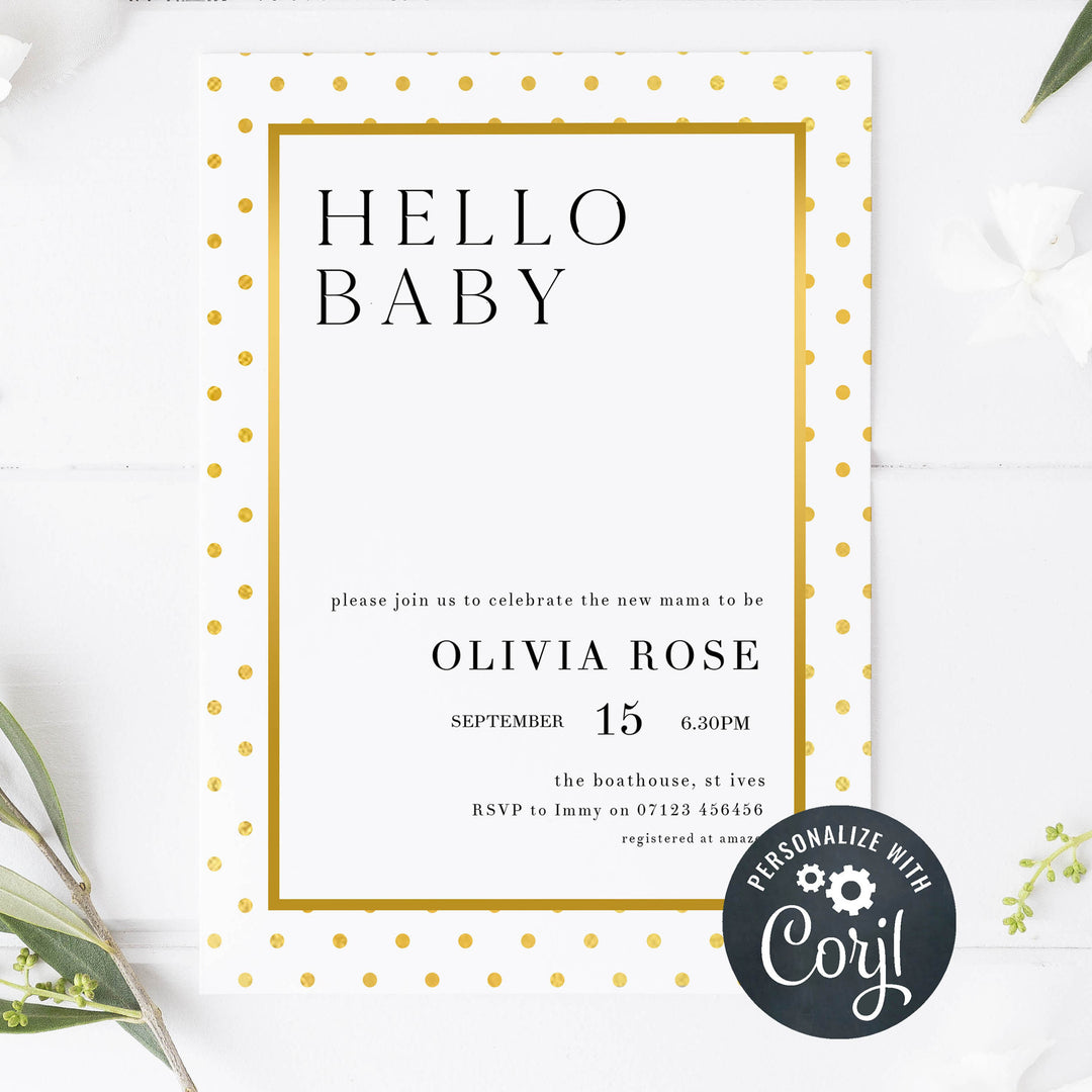 gold baby shower theme, printable baby shower invitations, editable baby shower invitations, gold baby shower, baby shower invites, baby shower mobile invitations