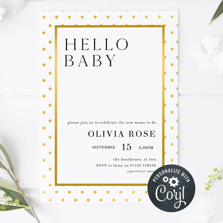 gold baby shower theme, printable baby shower invitations, editable baby shower invitations, gold baby shower, baby shower invites, baby shower mobile invitations