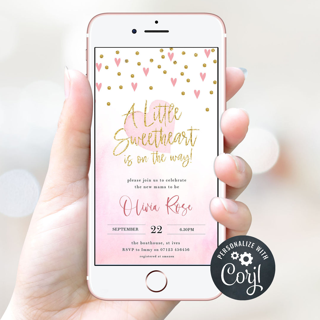 pink hearts baby shower invitations, printable baby shower invitations, editable baby shower invitations, fun baby shower theme, pink baby shower mobile invitations