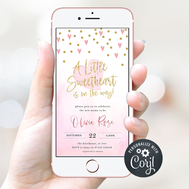 pink hearts baby shower invitations, printable baby shower invitations, editable baby shower invitations, fun baby shower theme, pink baby shower mobile invitations