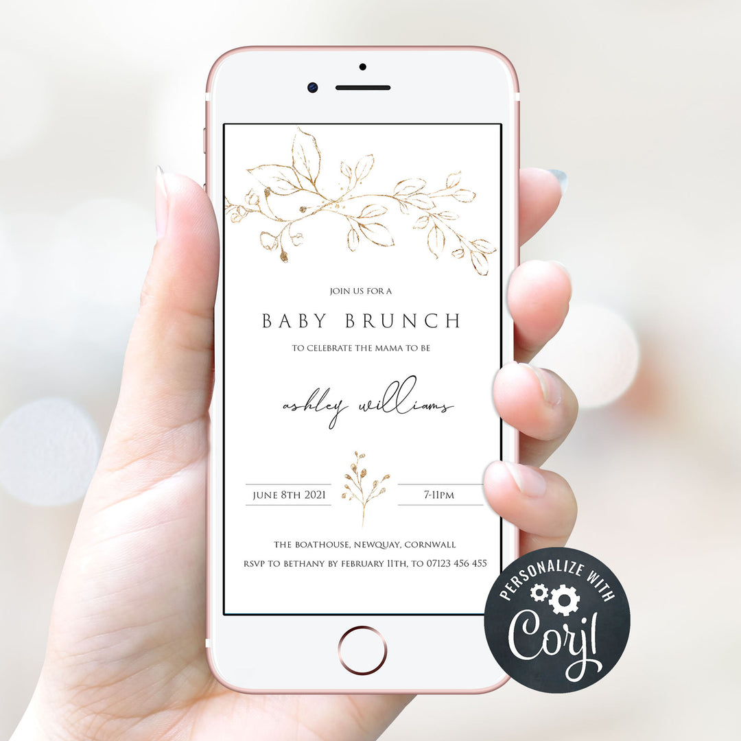 gold leaf baby shower theme, editable baby shower invitations, printable baby shower invitations, gold baby shower invites, gold baby shower mobile invites