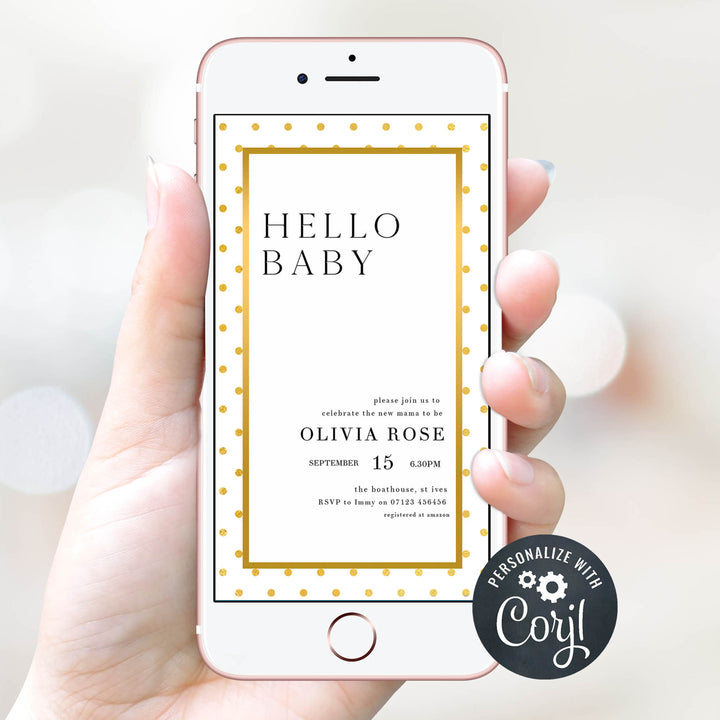 gold baby shower theme, printable baby shower invitations, editable baby shower invitations, gold baby shower, baby shower invites, baby shower mobile invitations