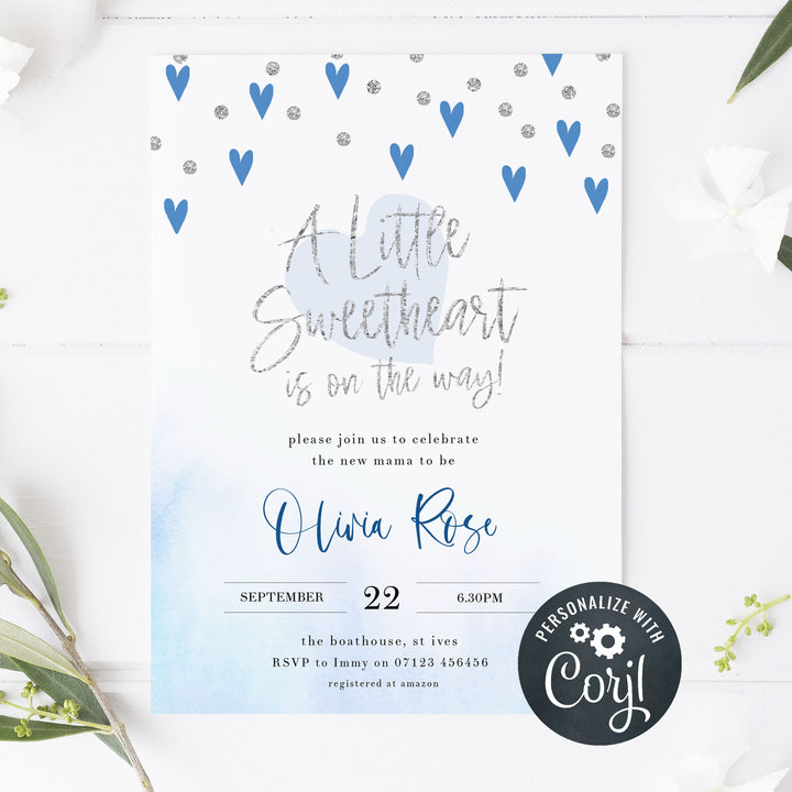 blue hearts baby shower, printable baby shower invitations, editable baby shower invitations, blue hearts baby ideas, boys baby shower invitations