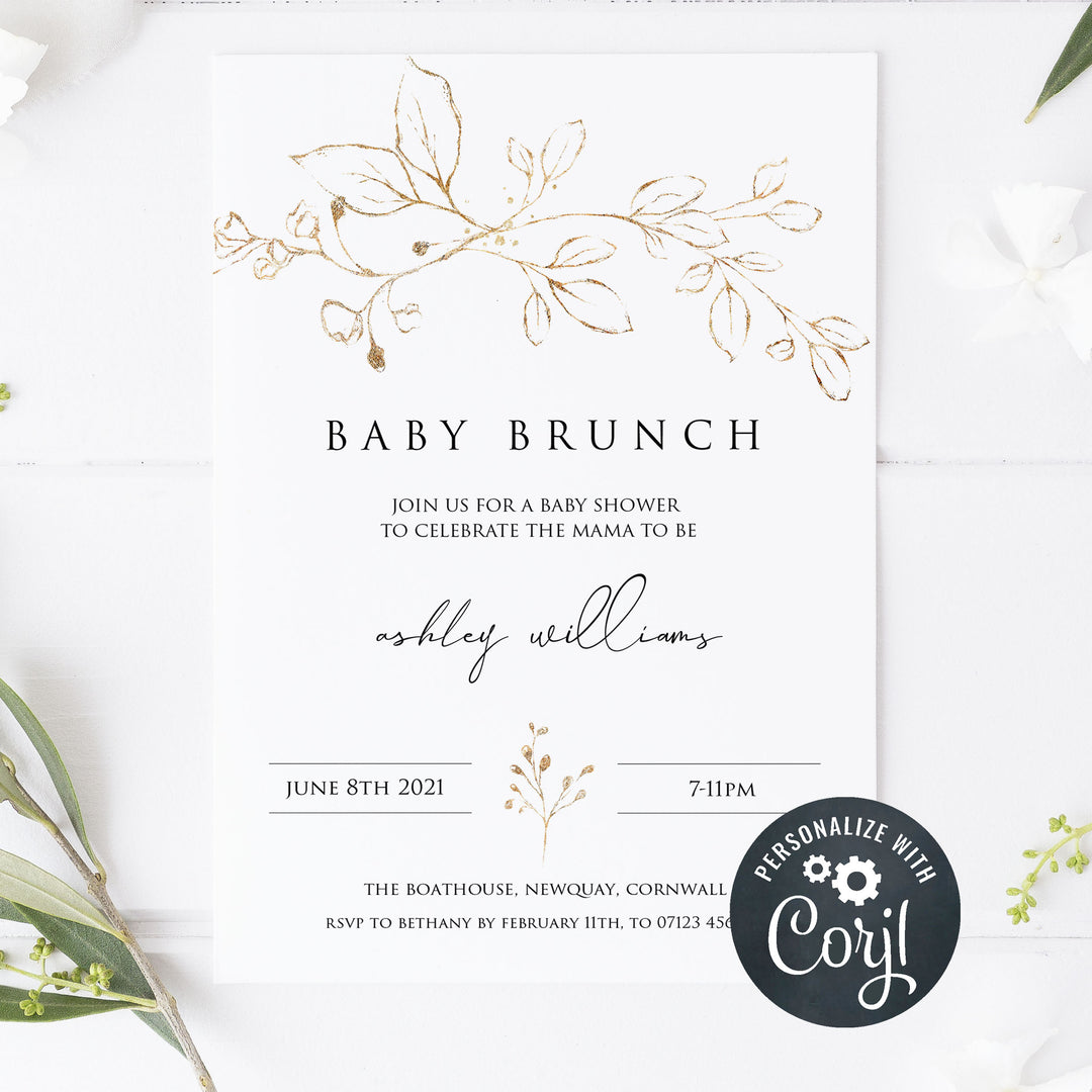 gold leaf baby shower theme, editable baby shower invitations, printable baby shower invitations, gold baby shower invites, gold baby shower mobile invites